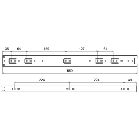 Prowadnica kulkowa łożyskowa pełny wysuw 550mm, H=45mm, ocynk