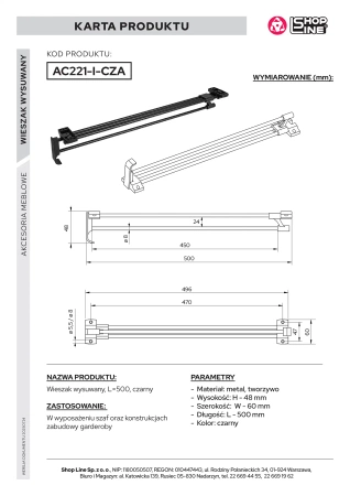 Wieszak wysuwany 50cm na ubrania do szafy czarny AC221-I-CZA