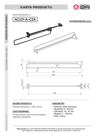 Wieszak wysuwany pojedynczy 30cm na ubrania do szafy czarny AC221-A-CZA